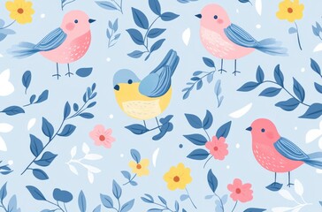 Obraz premium Whimsical Songbirds: A cheerful flock of vibrant songbirds perched amidst a tapestry of blooming flowers and lush foliage, creating a delightful illustration of springtime in full bloom.