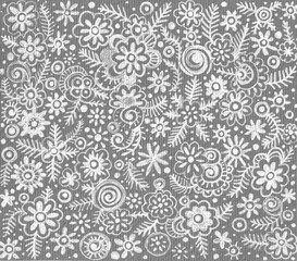 Pattern of various doodle elements in white color on a gray background. Flowers, feathers, spirals, circles, dots and other decor. Drawing with white lines. Gentle, soft background.