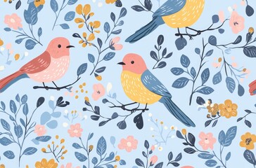 Whimsical Birds and Blossoms: A cheerful illustration of colorful birds perched among blooming branches, creating a delightful pattern perfect for spring.