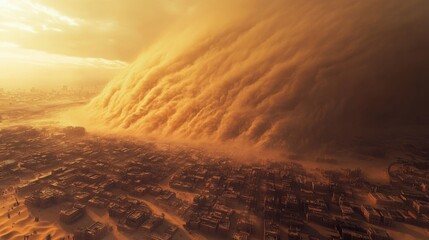 A massive sandstorm engulfs a city, obscuring buildings and creating a dramatic sky