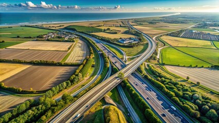 Calais A16 exit:  Aerial view reveals a stunning highway interchange against the French coast.