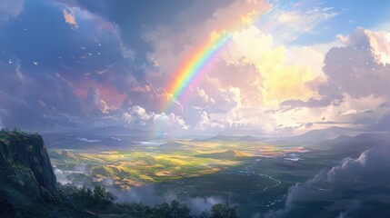 A radiant rainbow shines brightly above rolling hills, sunlight piercing through heavy rain clouds for an uplifting view
