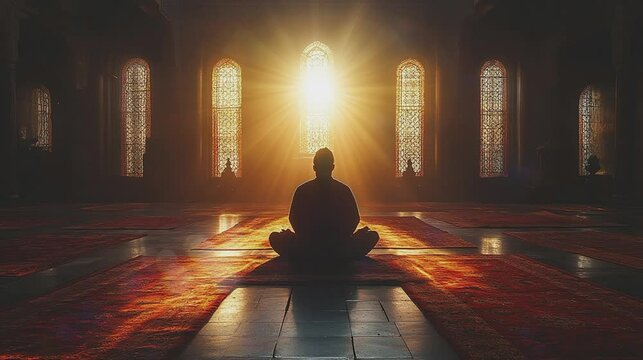 Man praying indoor silhouette, meditation, pray to god , Moslem, yoga for relaxation 