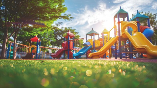 Vibrant playground equipment on artificial turf  a cheerful kids  play area under a sunny sky