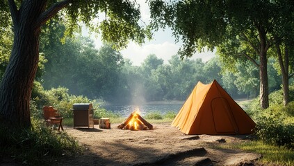 Forest campsite with orange tent, campfire, and river view