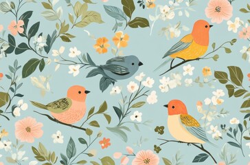 Whimsical Garden Quartet: A charming, flat illustration features four colorful birds nestled among a vibrant array of flowers and leaves, set against a soft, inviting backdrop.