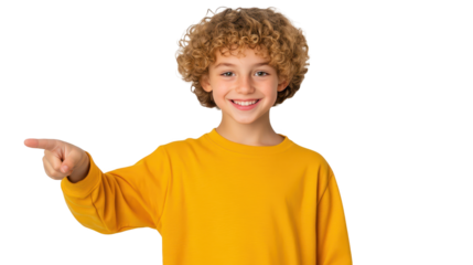 Playful young boy with curly hair points directly at the camera, creating a connection with the viewer