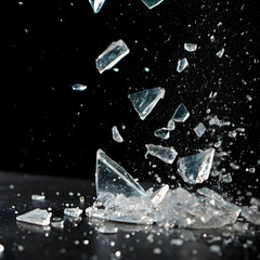High-speed capture of glass fragments shattering midair, showcasing intricate details and dynamic motion.