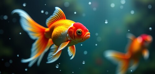 Vibrant goldfish swim gracefully in a serene underwater environment, showcasing their striking colors and dynamic movements, perfect for aquatic themes.