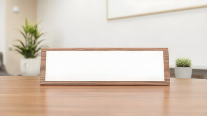A wooden or metal nameplate mockup placed on an office desk or wall. The blank plate allows for custom text or logos. The setting is neutral and professional, with soft, clean lighting.