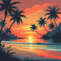 Silhouetted palm trees stand tall on a serene tropical beach at sunset, featuring a modern vintage color palette.