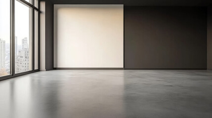 Obraz premium Modern empty room with large windows and minimalist design in a city setting