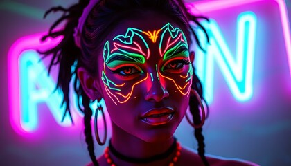 Fototapeta premium Neon Glow: Woman with Vibrant Face Paint & Braids under Neon Sign