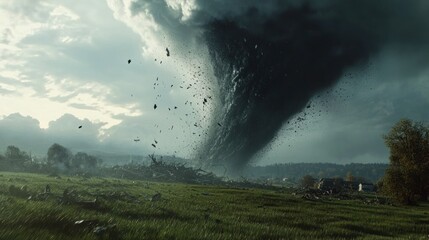 Fototapeta premium A powerful tornado descends upon a rural landscape, uprooting trees and debris, with dark clouds looming