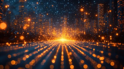 Fototapeta premium Futuristic city lights digital art, glowing pathway, night scene, stock photo