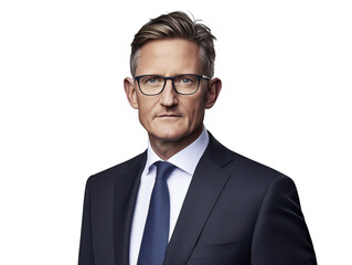 Portrait of a confident businessman, depiction of professional attire and eyewear in corporate setting.