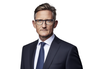 Portrait of a confident businessman, depiction of professional attire and eyewear in corporate setting.