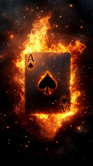 Ace of Spades on Fire: A captivating visual of an ace of spades card engulfed in flames, radiating intensity and power, symbolizing risk and fortune.