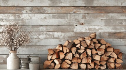 A rustic, neatly arranged pile of firewood sits in front of an old, weathered wooden wall, exuding warmth and natural charm in a cozy environment.