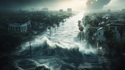 Fototapeta premium Dramatic view of a flooded urban landscape during a storm, showcasing turbulent waves and dark skies
