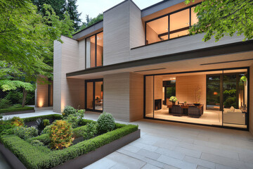 Obraz premium Modern residential architecture blends with nature in a serene outdoor space