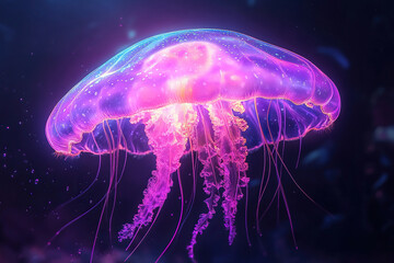 Naklejka premium Big bright fluorescent jellyfish glows underwater. Fantastic hypnotic mystical dance.