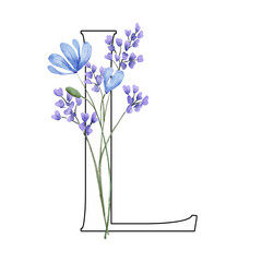 Floral monogram, letter L, alphabet with blue flowers, Initial perfectly for logo, wedding invitation, greeting card, poster and other design. Digital illustration hand drawing.