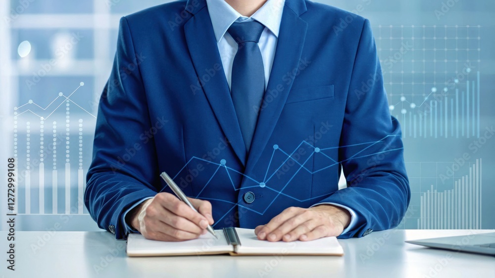 Leinwandbilder a businessman in a blue suit writes in a notebook, surrounded by digital graphs, symbolizing product