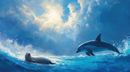 Fototapeta premium A serene moment of a seal resting as a dolphin dives nearby, both framed by sparkling azure waters and bright sunlit skies