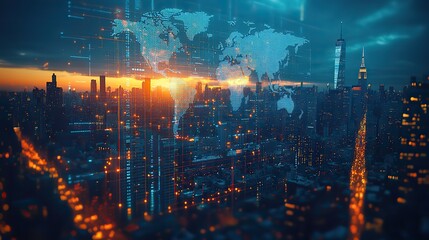 multi exposure of abstract digital world map hologram overlaying new york city skyscrapers representing global research and analytics concepts