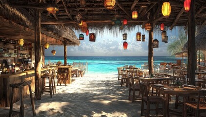 Beachfront bar & restaurant, thatched roof, tropical, ocean view