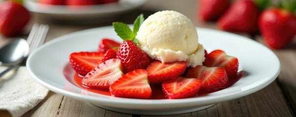 White plate with sliced red strawberries and vanilla ice cream, layered desserts, creamy desserts