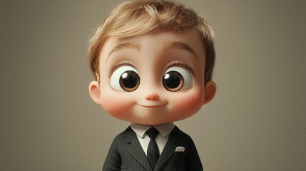 3d cartoon baby doll in a suit and tie on a grey background with a playful expression