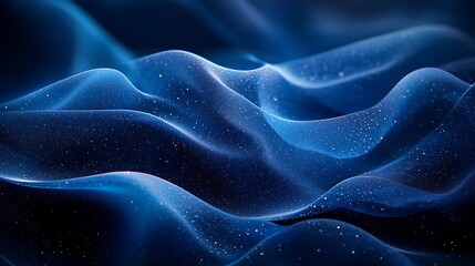 Abstract blue fabric waves, glittering particles, dark background, website design