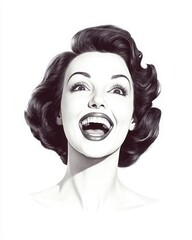 Beautiful smiling woman with wavy hair styled in a retro updo, laughing joyfully. Vintage poster style, vector illustration in black and white ink on paper, hand-drawn with pen strokes