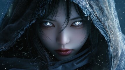 Mysterious figure with glowing eyes in a dark, snowy landscape, evoking intrigue and wonder