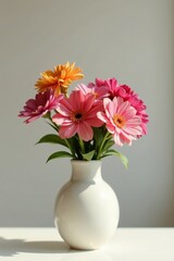 A sunlit bouquet of vibrant pink and orange gerbera daisies arranged in a simple, elegant white vase, creating a serene and cheerful atmosphere.