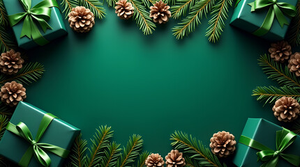 Fototapeta premium Elegant Christmas Green Background with Gift Boxes, Pine Branches, and Pinecones – Holiday Template