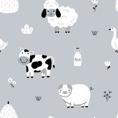 Seamless pattern with farm animals for your fabric, children textile, kids apparel, nursery decoration, gift wrap paper. Cow, pig, sheep, goose, mill, tree. Vector illustration