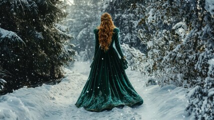 A woman in a green gown walks through a snowy forest, surrounded by tall trees and falling snowflakes