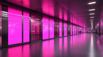 Fototapeta premium Vibrant Pink Neon Lights Illuminate Modern Corridor. AI Generated