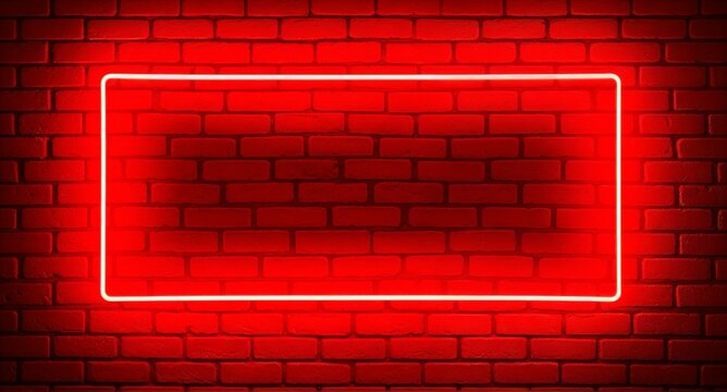 Bright red neon frame glowing on a red brick wall