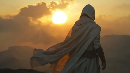 A cloaked figure stands on a mountain peak at sunset, gazing at the horizon with flowing fabric