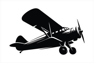 Simple black vector logo of an old airplane, white background, no shadows, simple shapes and lines
