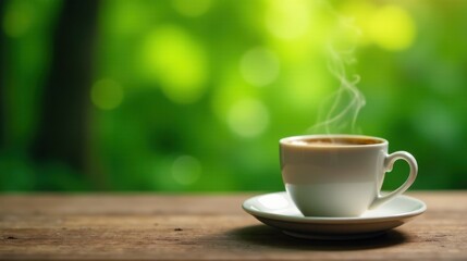 Obraz premium Aromatic Coffee Steam Rising in a White Mug on Wooden Table Against a Blurred Green Nature Background