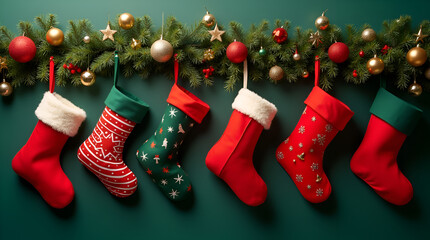 Christmas Stockings Hanging on Garland – Festive Holiday Decoration Background