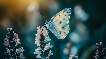 Naklejka premium Pale butterfly on lavender in sunlight.