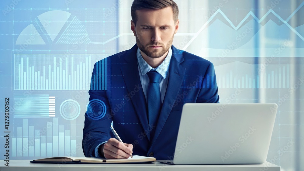 Poster a focused businessman analyzes data on a laptop, surrounded by digital graphs and charts, highlighti