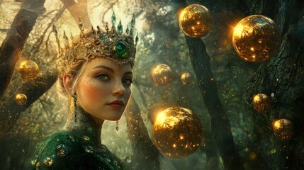 Enchanted forest scene featuring a regal woman in a crown surrounded by magical orbs