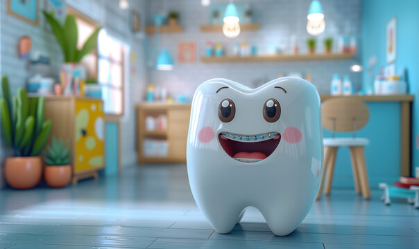 Caricatura, muela feliz con brackets, alineaci&oacute;n dientes sanas, seguro dental, higiene bucal, educaci&oacute;n infantil, prevenci&oacute;n y cuidado, alegre, divertido, fondo consultorio odontol&oacute;gico